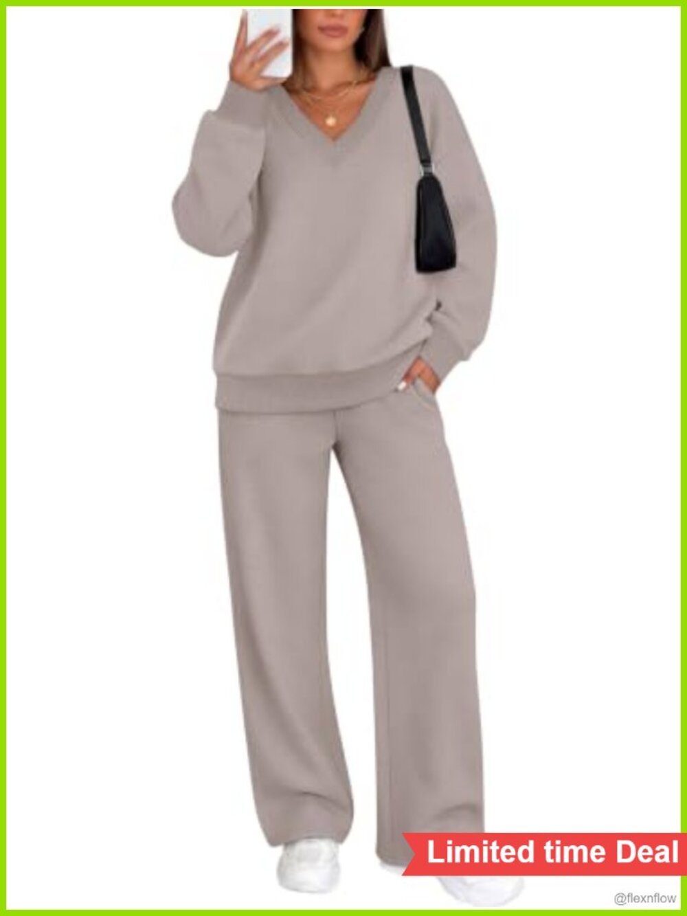 WIHOLL Women's 2 Piece Sweatsuit Set Ribbed Knit V Neck Wide Leg Lounge
